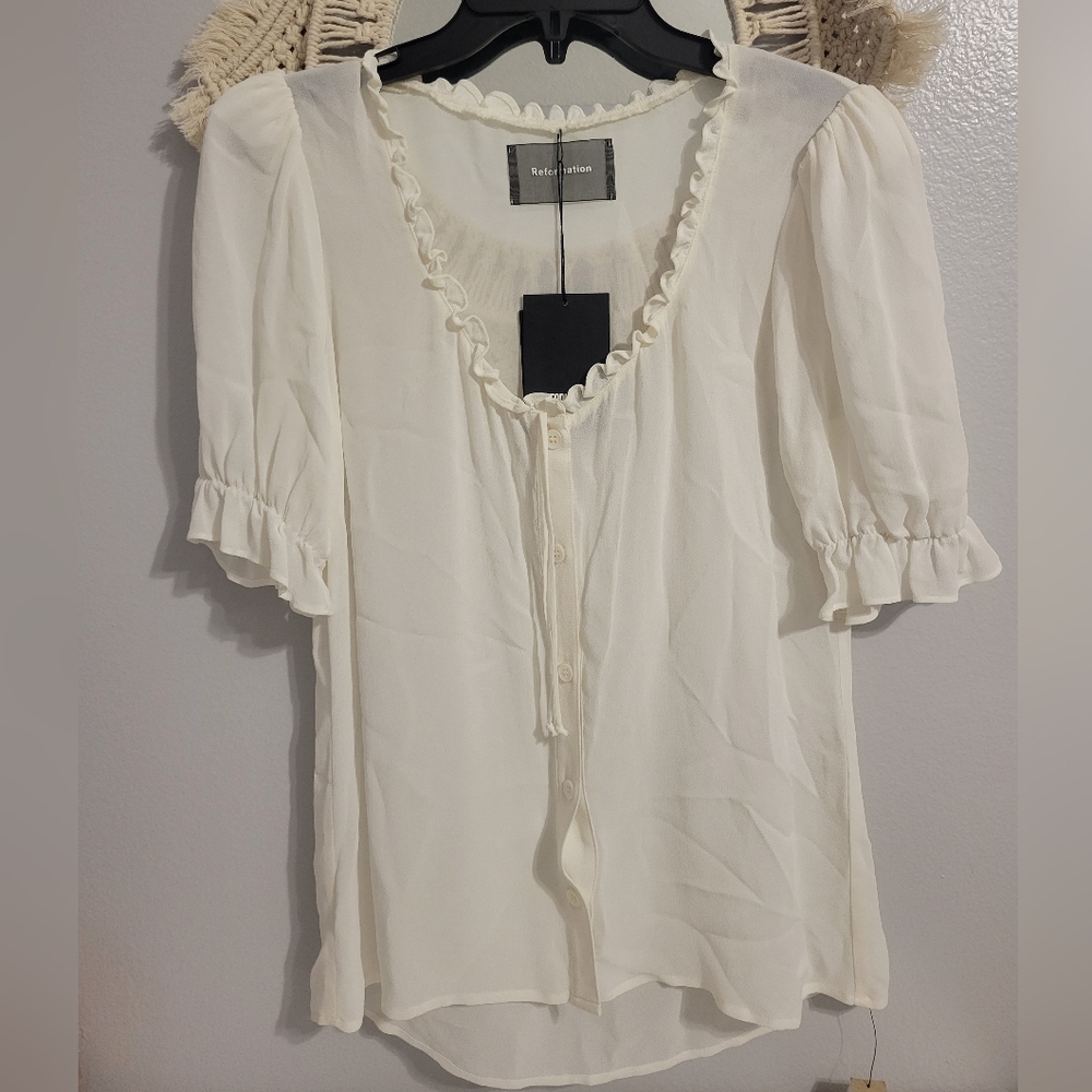 Reformation Cream Ruffle-Trim Puff Sleeve Blouse